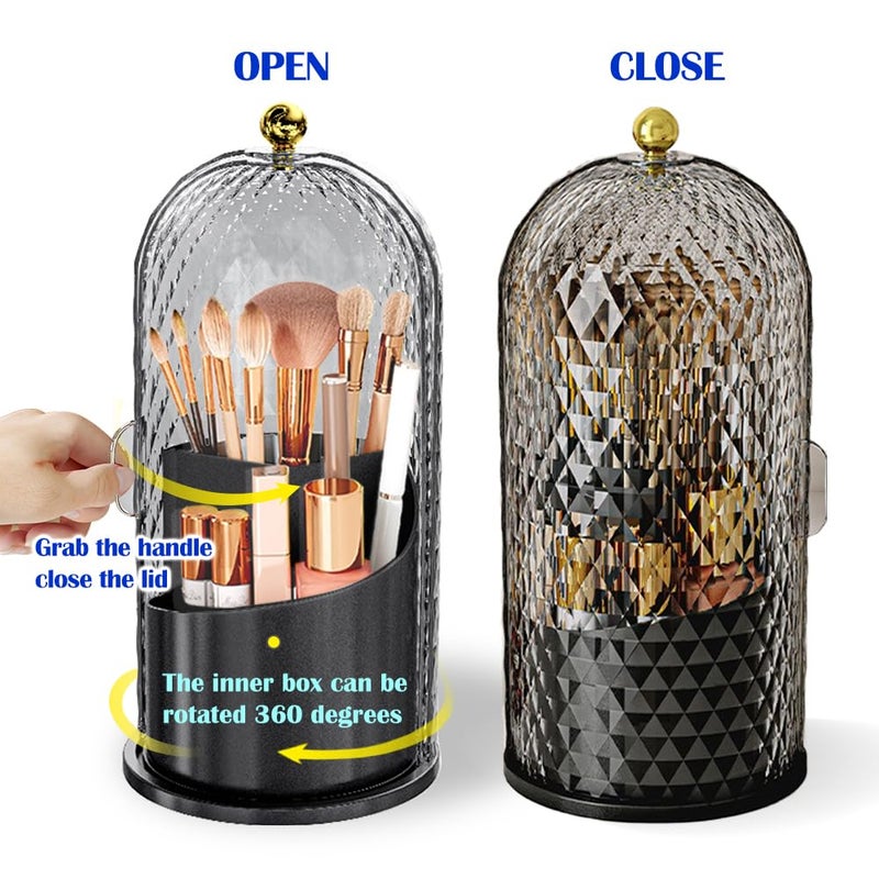 JIANGLAI Makeup Brush Holder with Lid, 360 Rotating Multifunction Clear Dustproof Skincare Cosmetic Tools Storage Organizer for Vanity Desktop Bathroom Countertop (Black) - Image 3